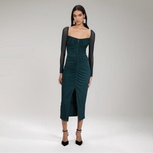 Self Portrait Slate Powermesh Ruched Mini‎ Dress